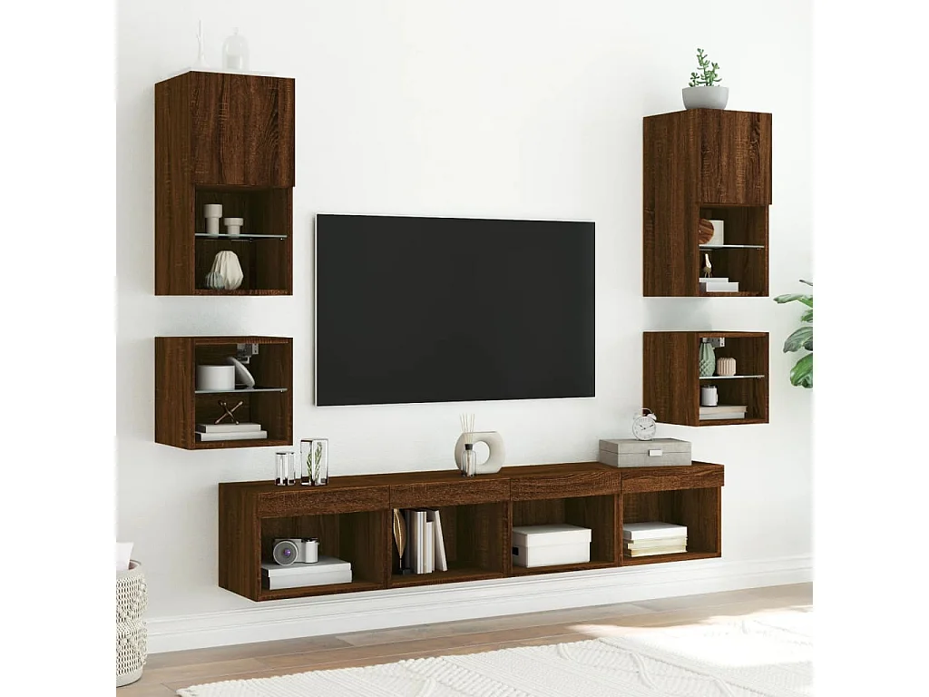 Berkfield Bedside Cabinets with LED Lights Wall-mounted 2 pcs Brown Oak