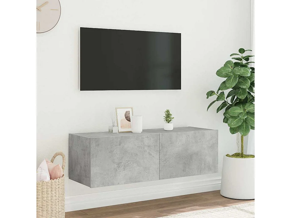 Berkfield TV Wall Cabinet with LED Lights Concrete Grey 100x35x31 cm
