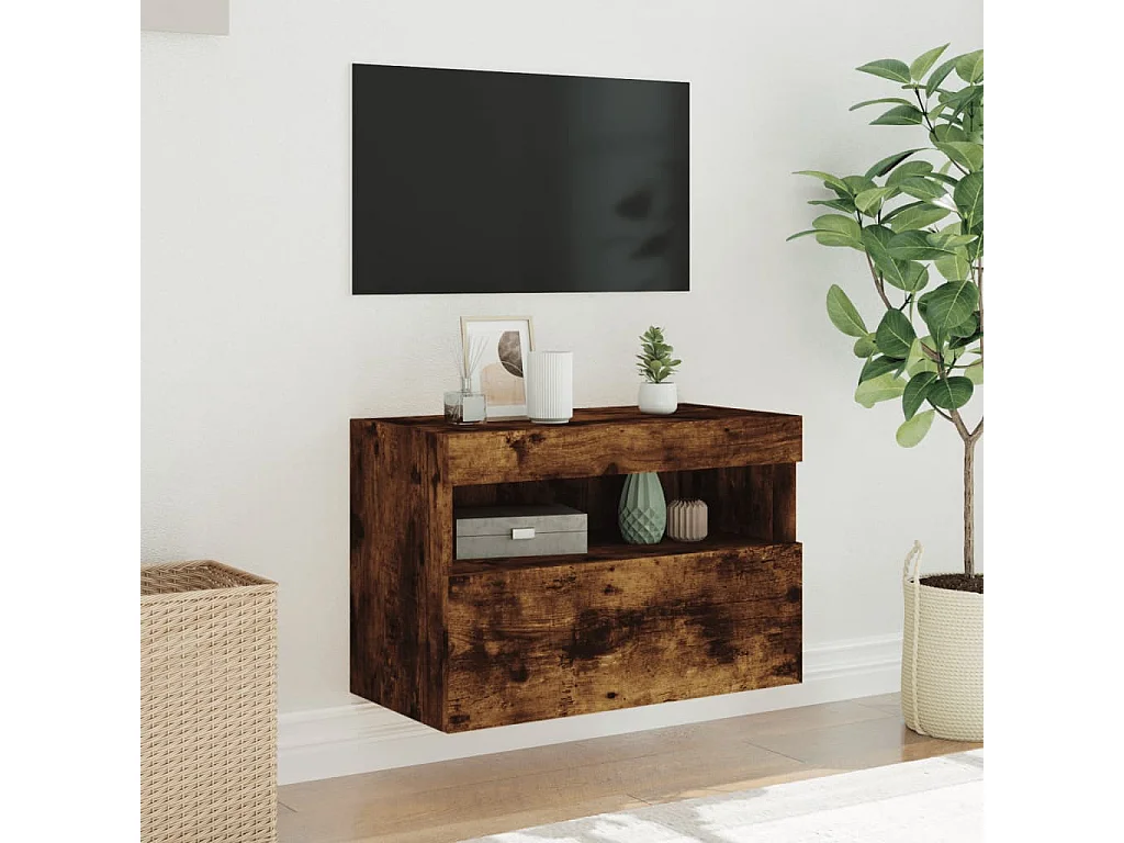 Berkfield TV Wall Cabinet with LED Lights Smoked Oak 60x30x40 cm