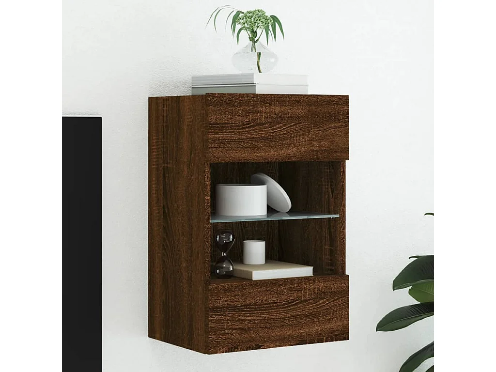 Berkfield TV Wall Cabinet with LED Lights Brown Oak 40x30x60.5 cm