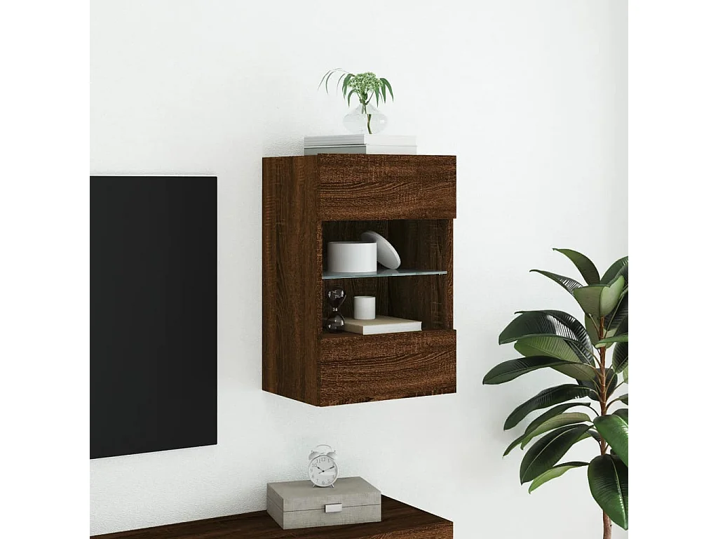 Berkfield TV Wall Cabinet with LED Lights Brown Oak 40x30x60.5 cm