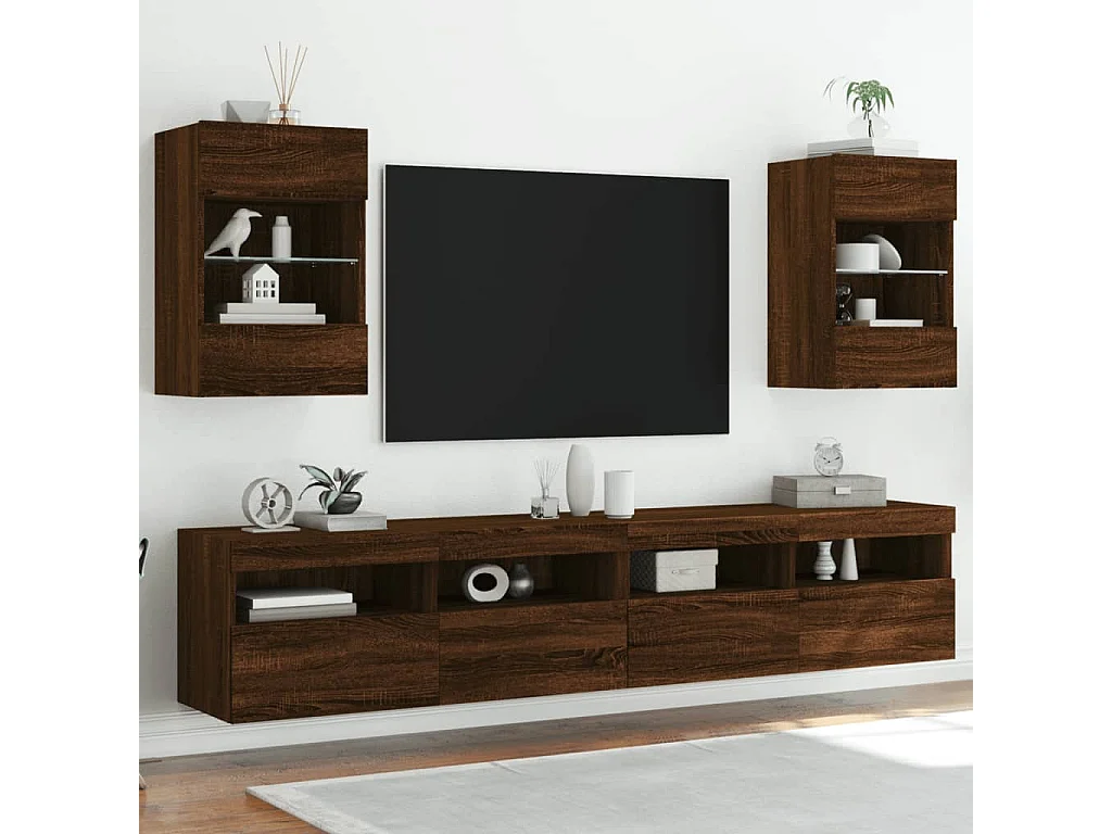 Berkfield TV Wall Cabinet with LED Lights Brown Oak 40x30x60.5 cm