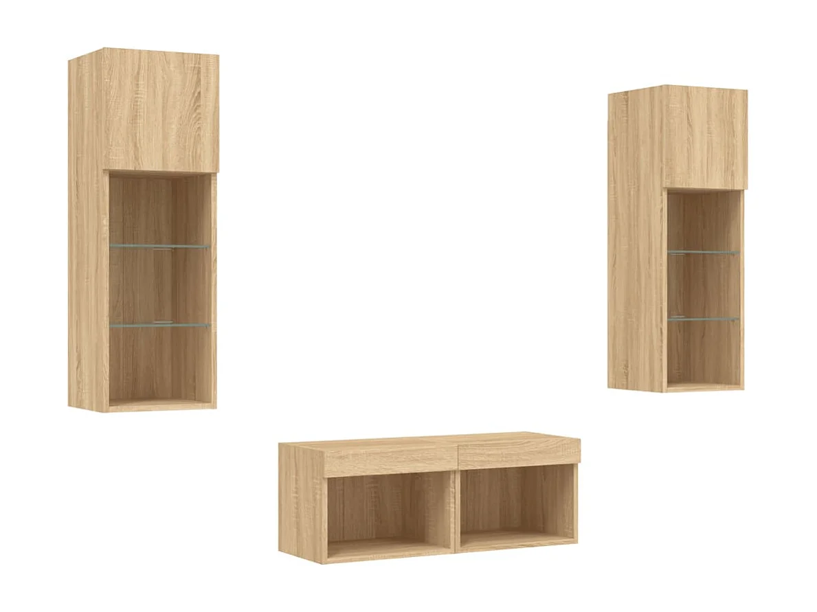 Berkfield 4 Piece TV Wall Cabinets with LED Lights Sonoma Oak