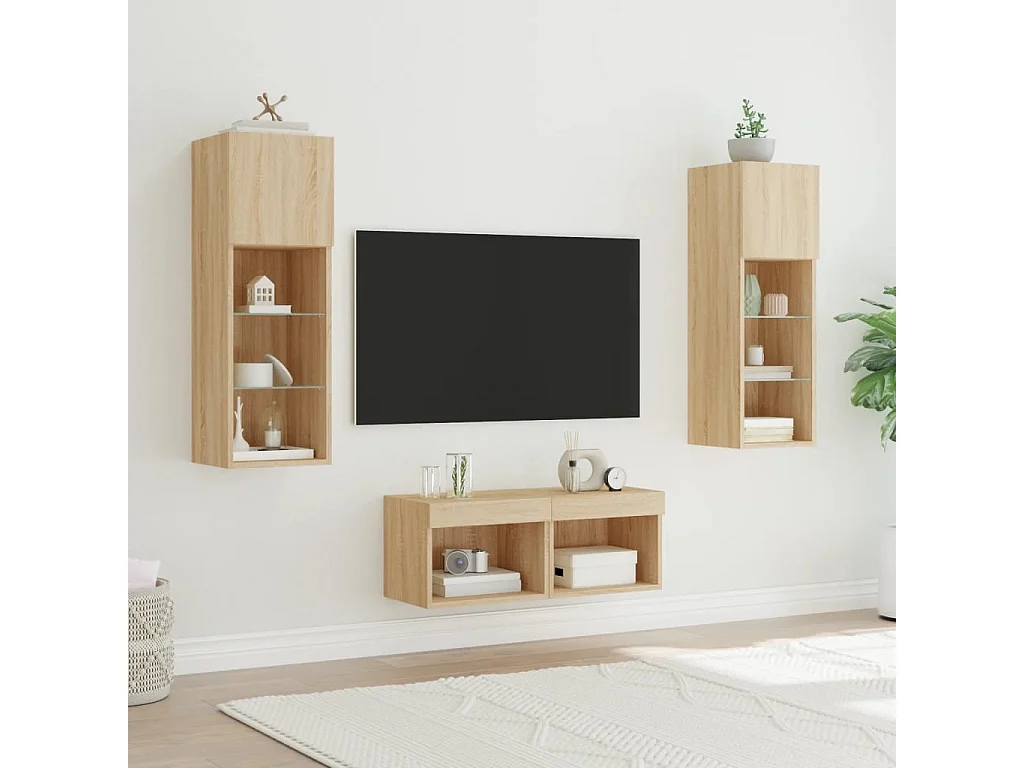Berkfield 4 Piece TV Wall Cabinets with LED Lights Sonoma Oak