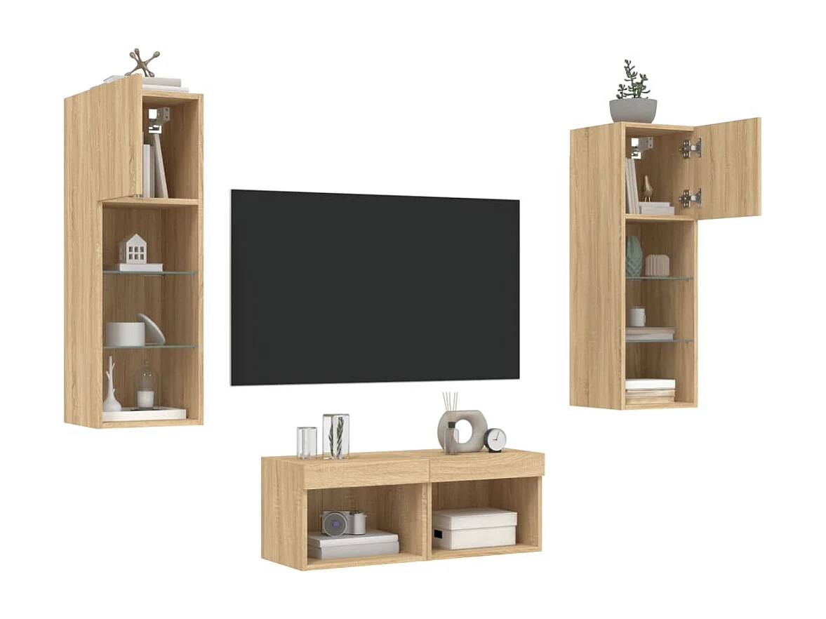 Berkfield 4 Piece TV Wall Cabinets with LED Lights Sonoma Oak