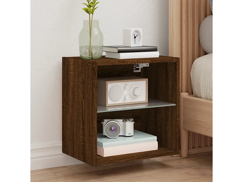 Berkfield Bedside Cabinet with LED Lights Wall-mounted Brown Oak