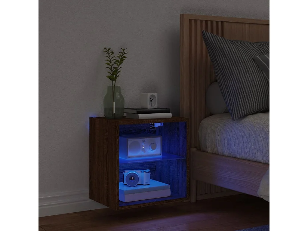 Berkfield Bedside Cabinet with LED Lights Wall-mounted Brown Oak