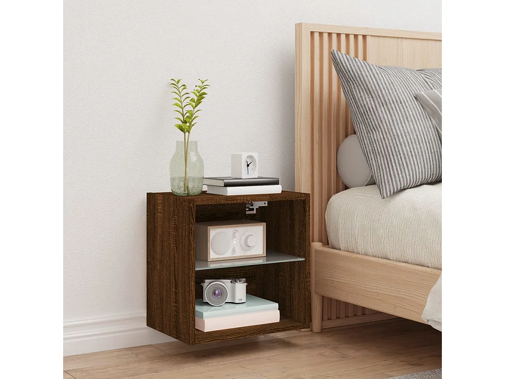 Berkfield Bedside Cabinet with LED Lights Wall-mounted Brown Oak