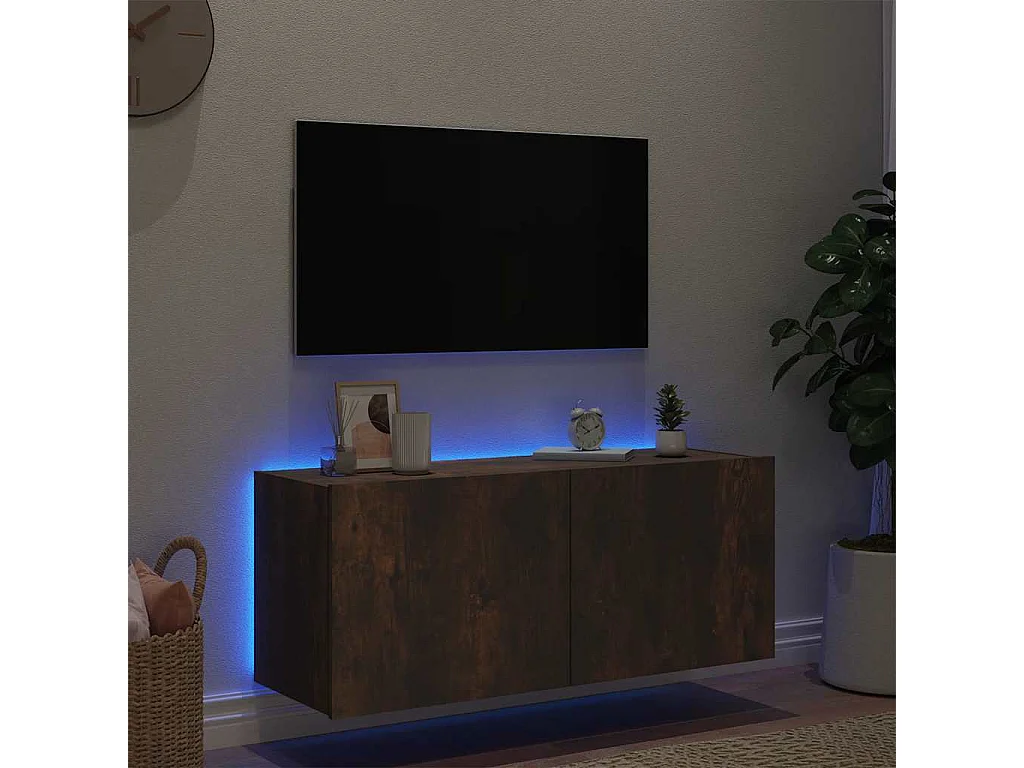 Berkfield TV Wall Cabinet with LED Lights Smoked Oak 100x35x41 cm