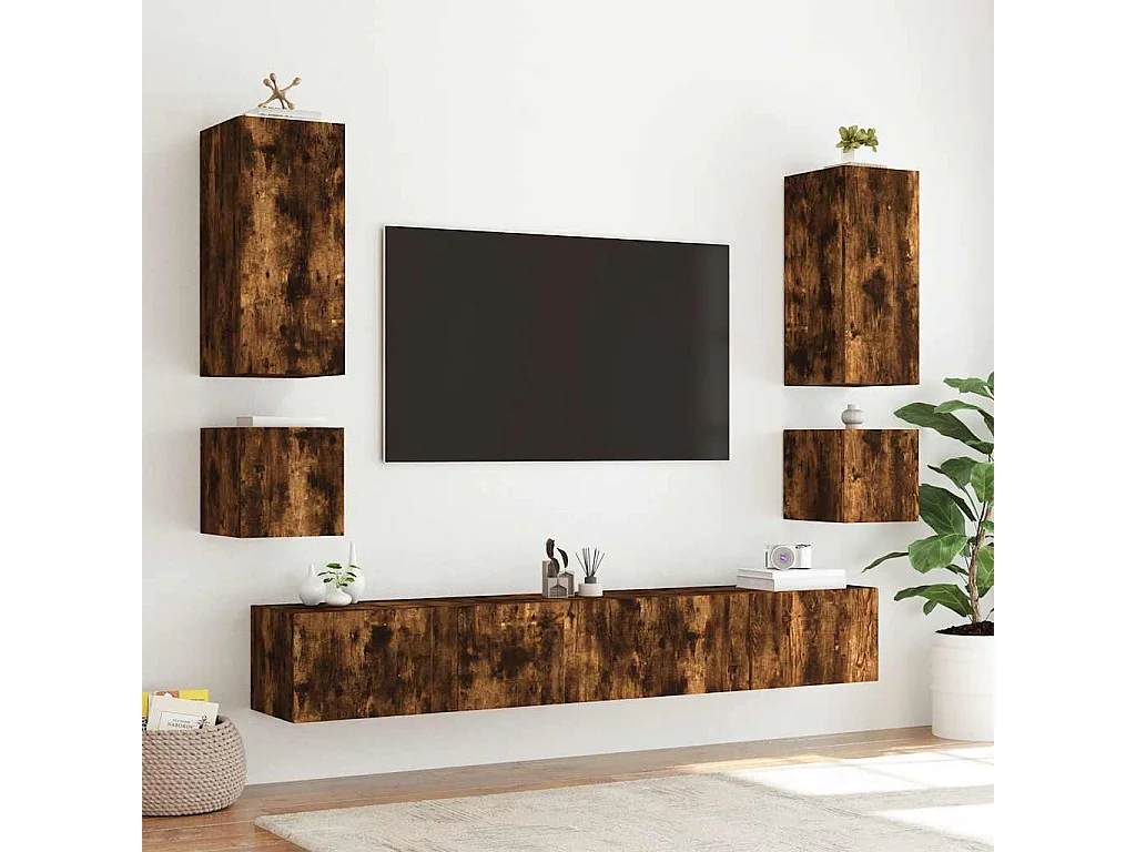 Berkfield TV Wall Cabinet with LED Lights Smoked Oak 100x35x41 cm