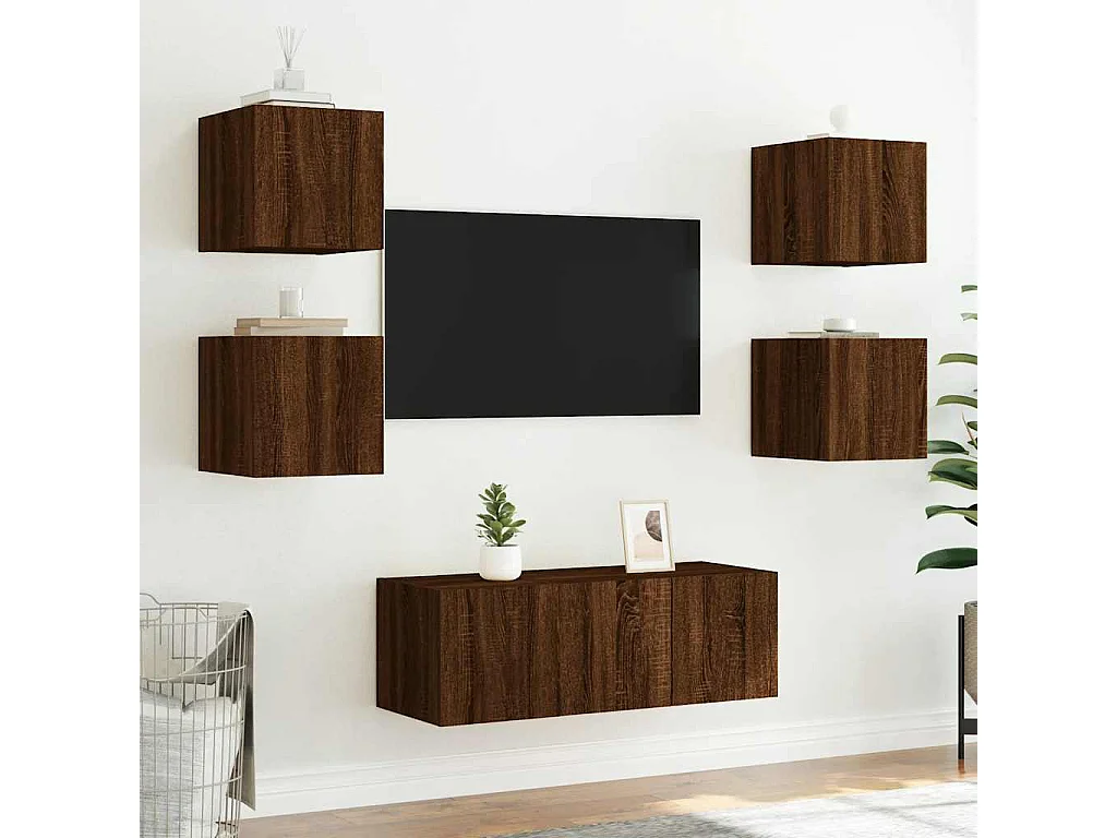 Berkfield TV Wall Cabinet with LED Lights Brown Oak 30.5x35x30 cm