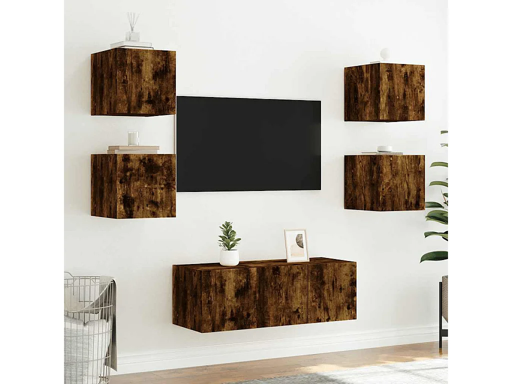 Berkfield TV Wall Cabinet with LED Lights Smoked Oak 30.5x35x30 cm