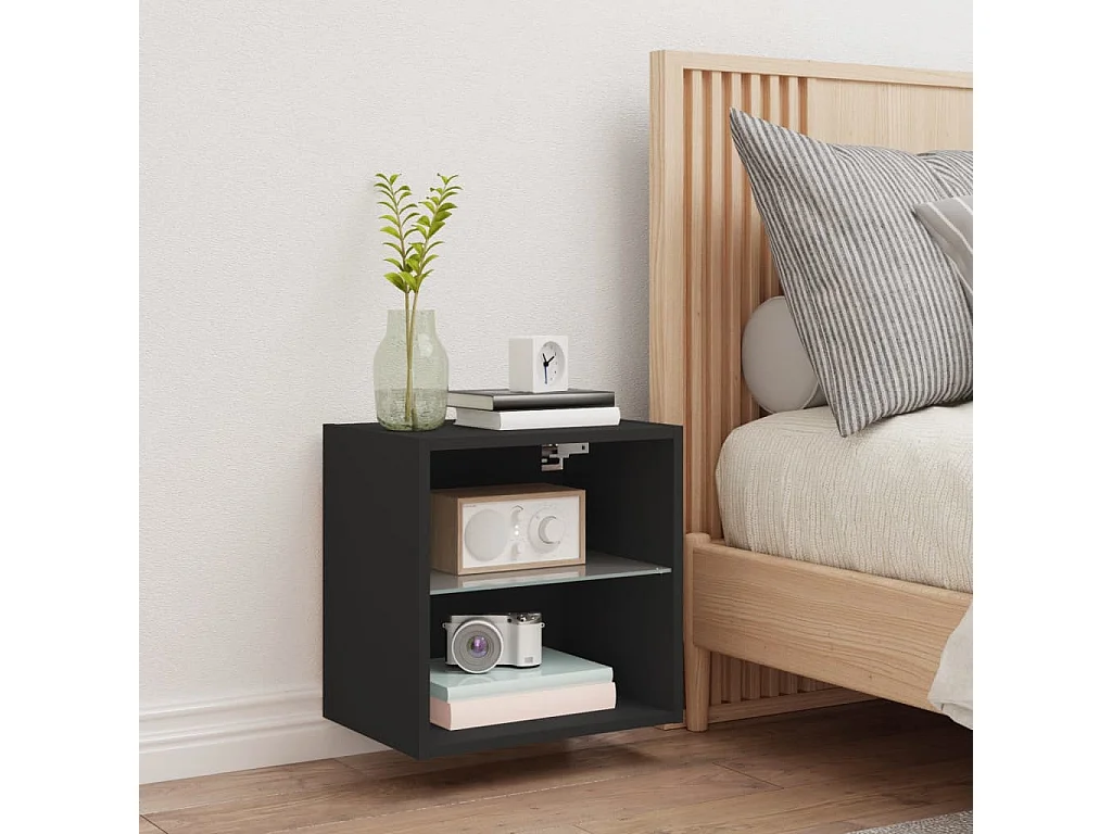 Berkfield Bedside Cabinet with LED Lights Wall-mounted Black