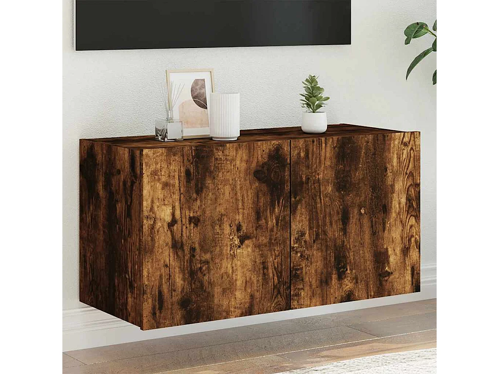 Berkfield TV Wall Cabinet with LED Lights Smoked Oak 80x35x41 cm