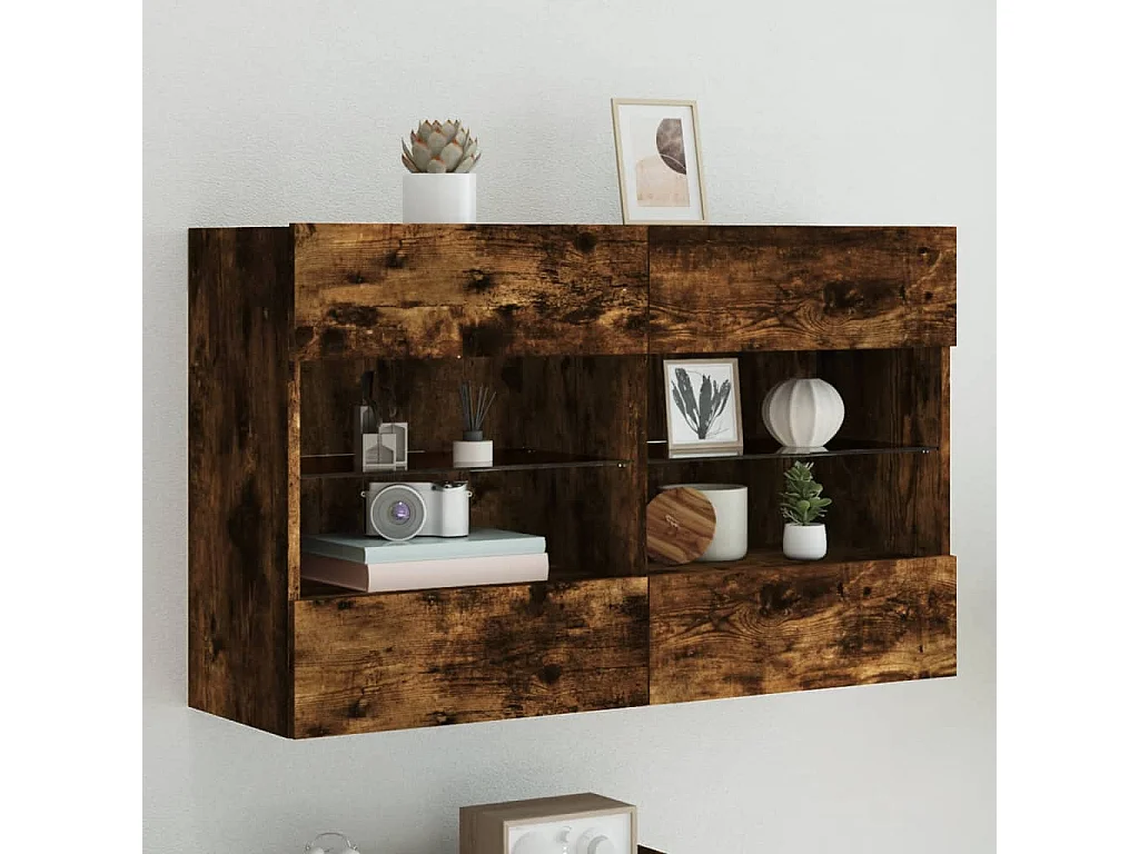 Berkfield TV Wall Cabinet with LED Lights Smoked Oak 98.5x30x60.5 cm