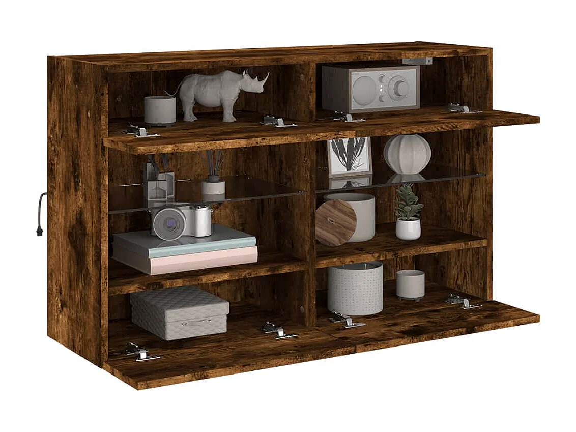 Berkfield TV Wall Cabinet with LED Lights Smoked Oak 98.5x30x60.5 cm