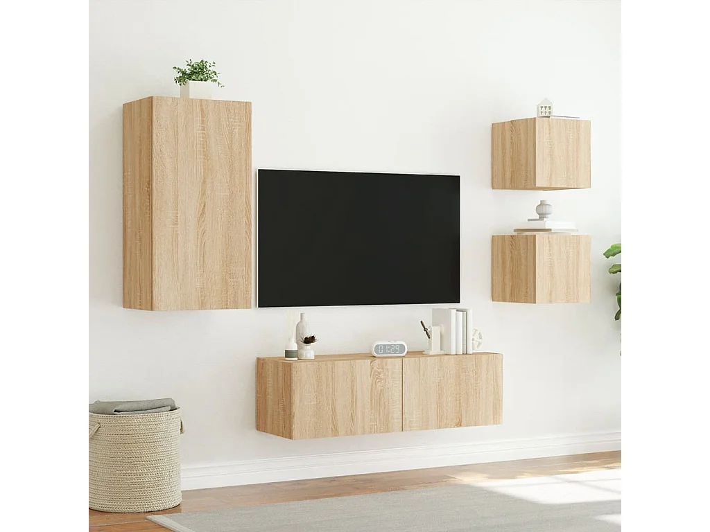 Berkfield 4 Piece TV Wall Cabinets with LED Lights Sonoma Oak