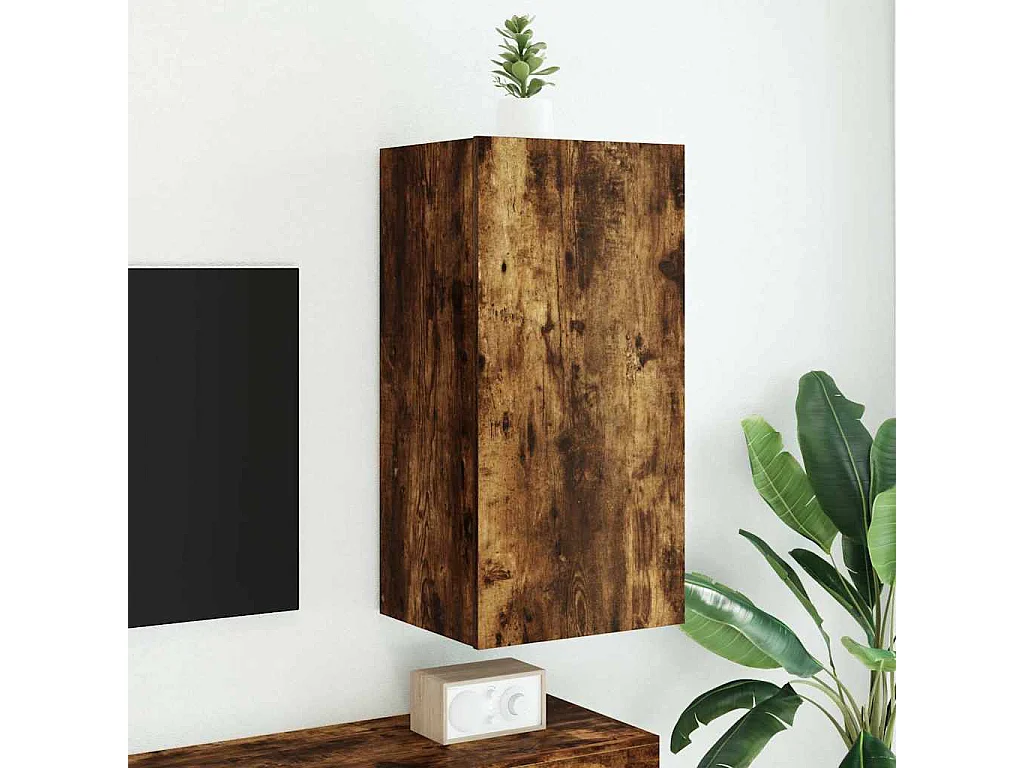 Berkfield TV Wall Cabinet with LED Lights Smoked Oak 40.5x35x80 cm