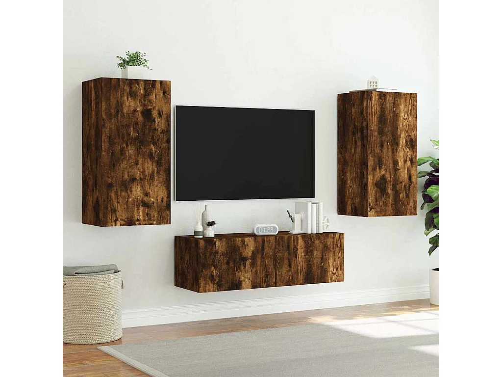 Berkfield TV Wall Cabinet with LED Lights Smoked Oak 40.5x35x80 cm