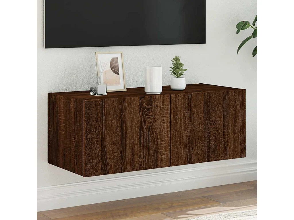 Berkfield TV Wall Cabinet with LED Lights Brown Oak 80x35x31 cm
