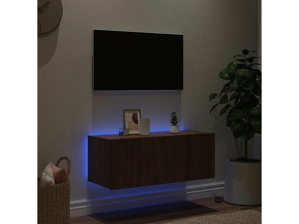 Berkfield TV Wall Cabinet with LED Lights Brown Oak 80x35x31 cm