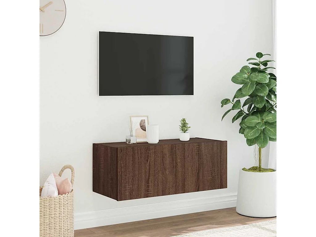 Berkfield TV Wall Cabinet with LED Lights Brown Oak 80x35x31 cm