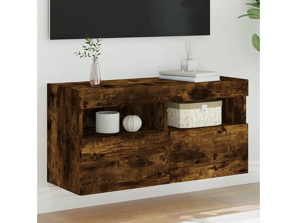 Berkfield TV Wall Cabinet with LED Lights Smoked Oak 80x30x40 cm