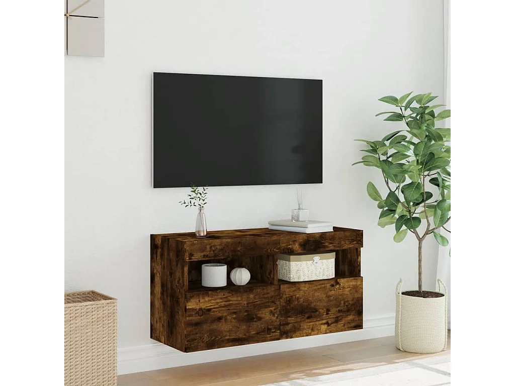 Berkfield TV Wall Cabinet with LED Lights Smoked Oak 80x30x40 cm