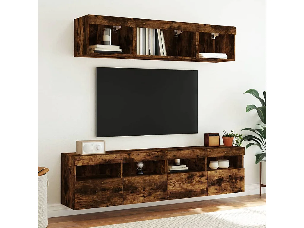 Berkfield TV Wall Cabinet with LED Lights Smoked Oak 80x30x40 cm