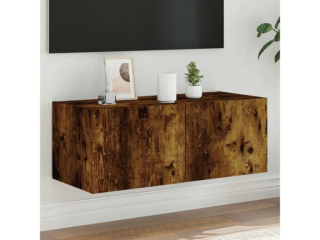 Berkfield TV Wall Cabinet with LED Lights Smoked Oak 80x35x31 cm