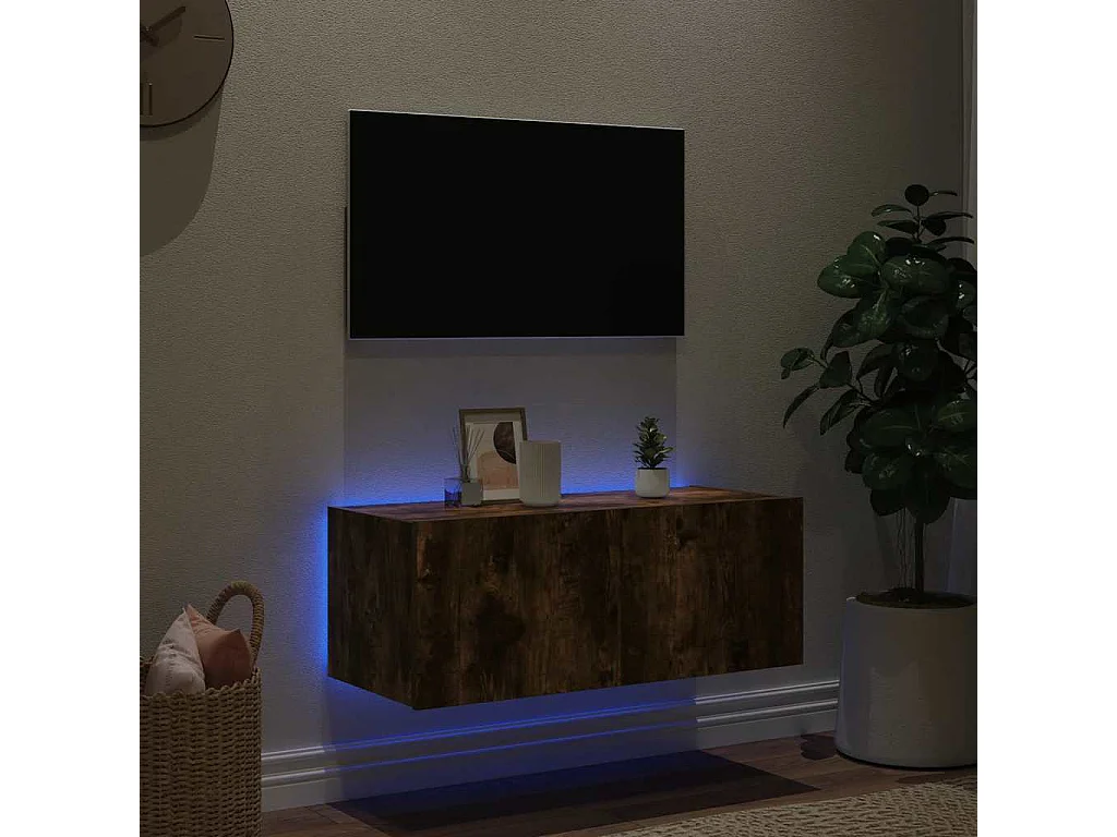 Berkfield TV Wall Cabinet with LED Lights Smoked Oak 80x35x31 cm