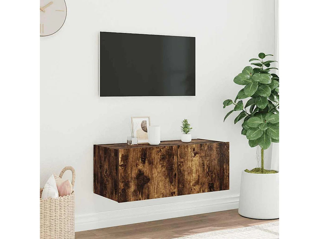 Berkfield TV Wall Cabinet with LED Lights Smoked Oak 80x35x31 cm