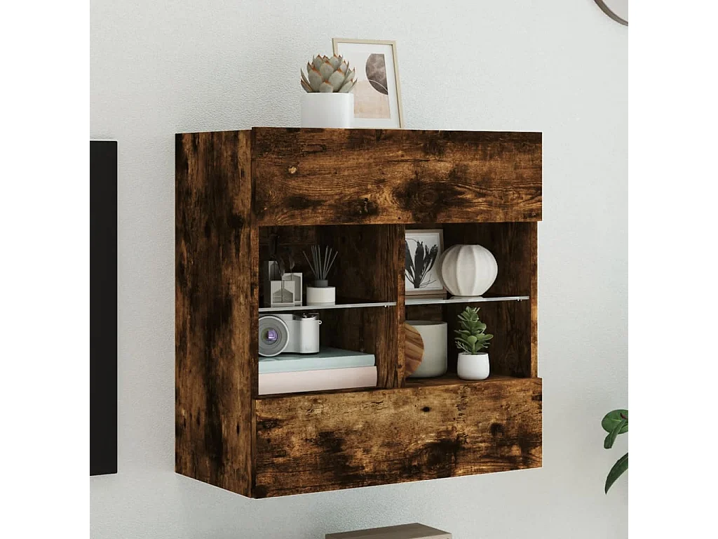 Berkfield TV Wall Cabinet with LED Lights Smoked Oak 58.5x30x60.5 cm