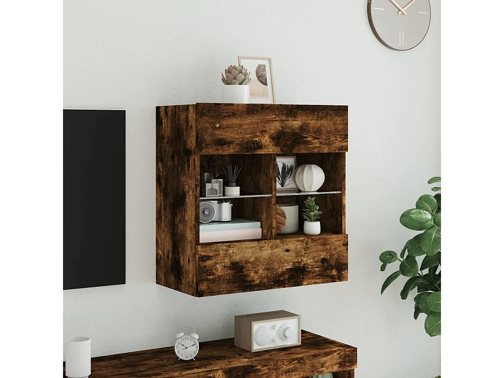 Berkfield TV Wall Cabinet with LED Lights Smoked Oak 58.5x30x60.5 cm