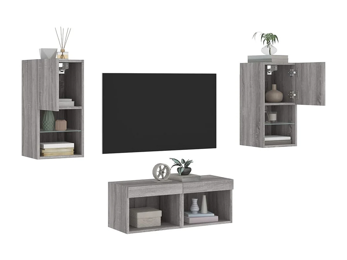 Berkfield 4 Piece TV Wall Cabinets with LED Lights Grey Sonoma