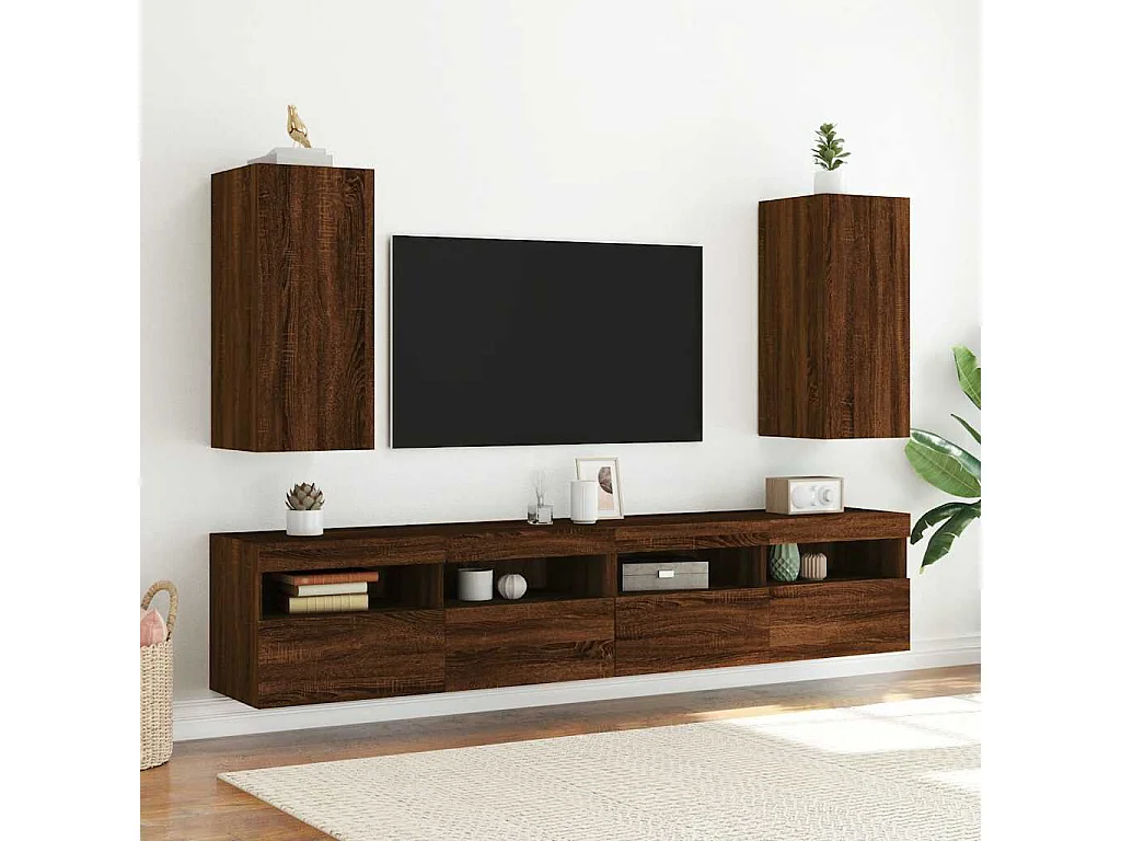 Berkfield TV Wall Cabinet with LED Lights Brown Oak 30.5x35x70 cm