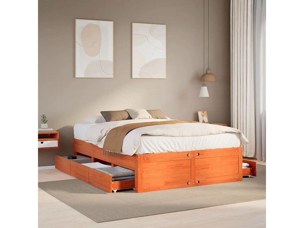 Berkfield Bed Frame without Mattress with Drawers Wax Brown 140x190 cm Solid Wood Pine