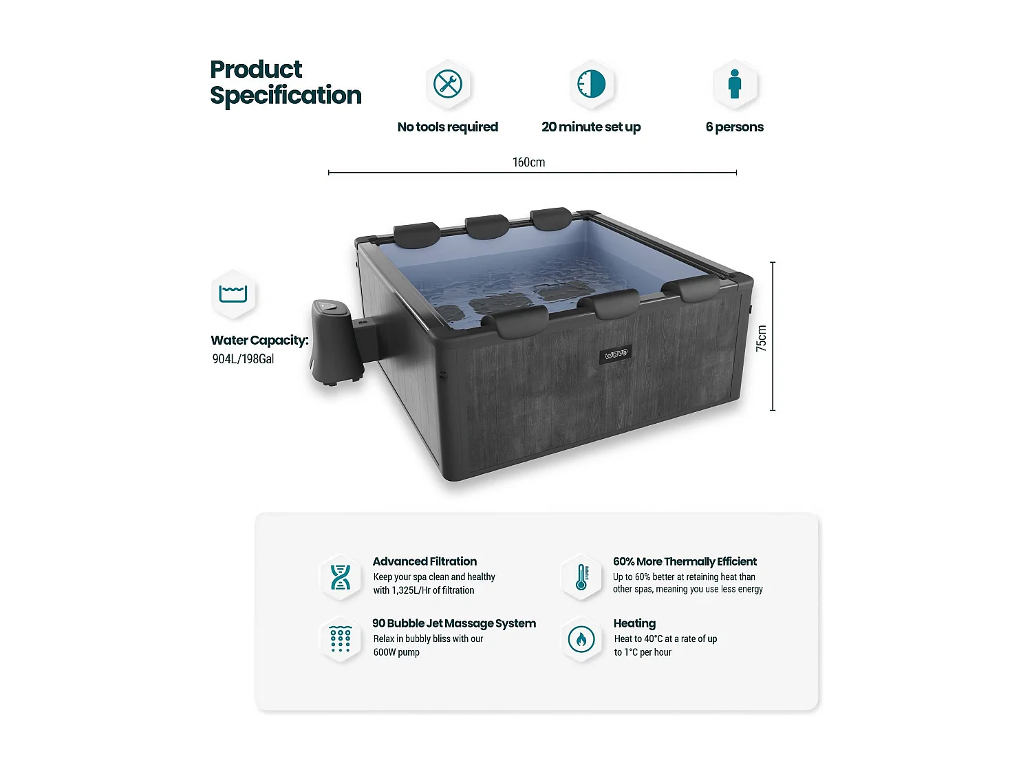 Wave Adriatic | 6 Person Square Frame Hot Tub | Black Wood