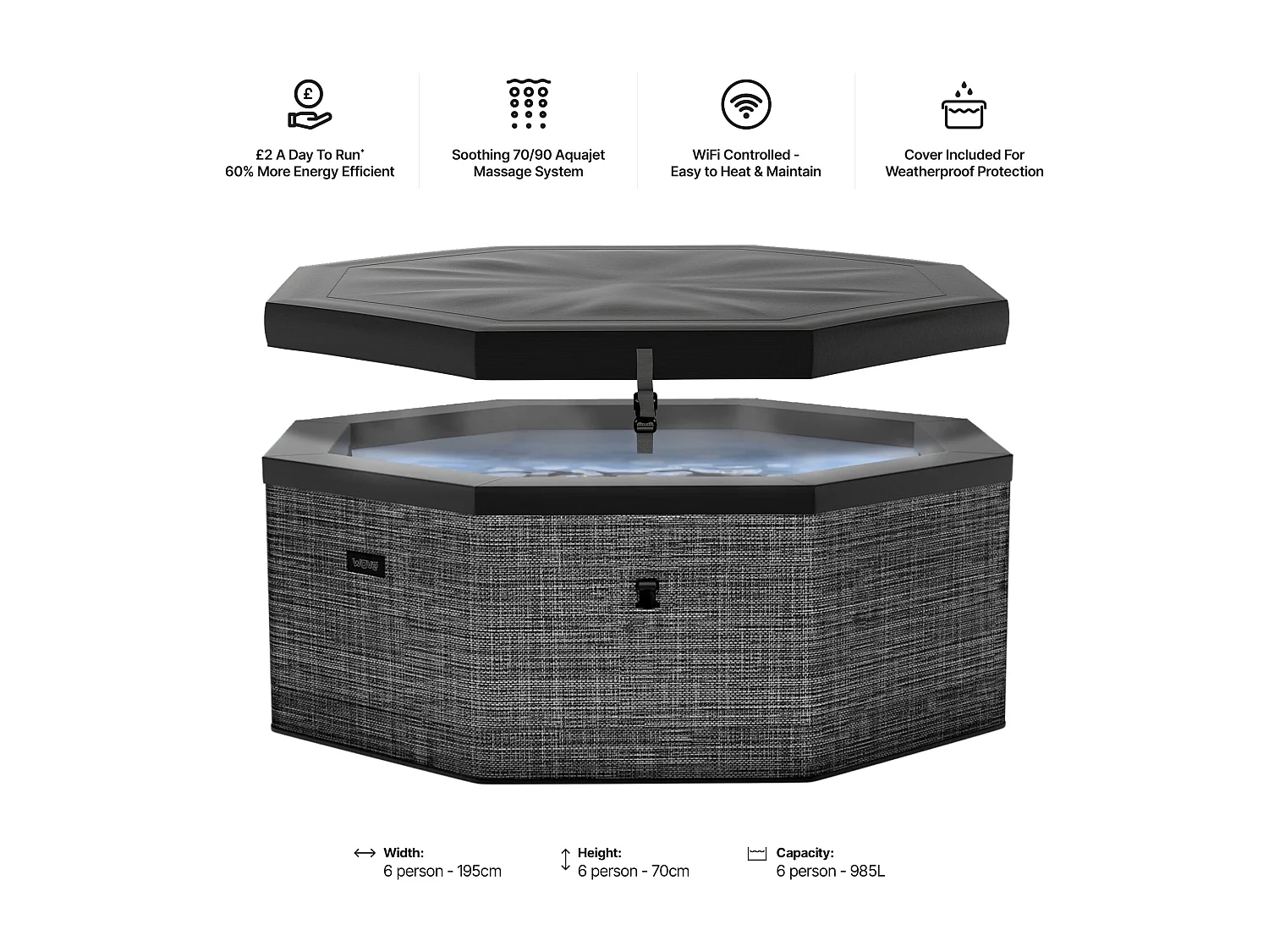 Wave Como 6-Person Octagonal Foam-Insulated Hot Tub & Spa | Anthracite Grey