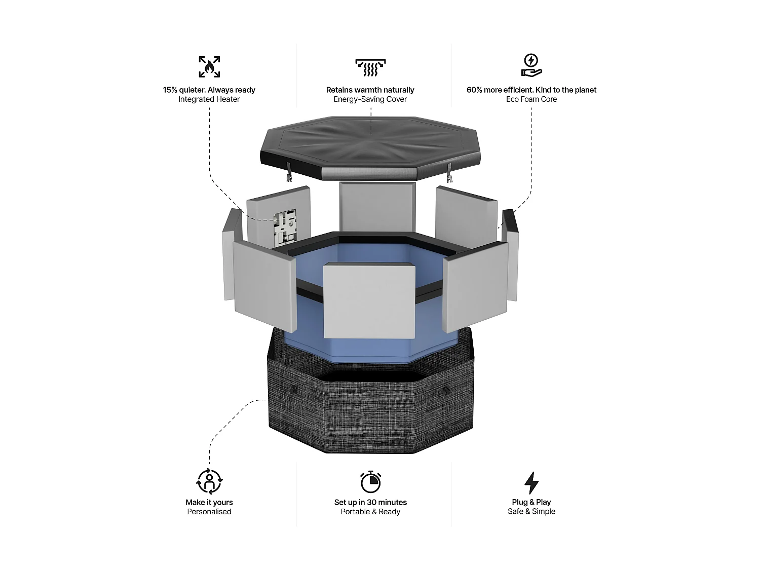Wave Como 6-Person Octagonal Foam-Insulated Hot Tub & Spa | Anthracite Grey