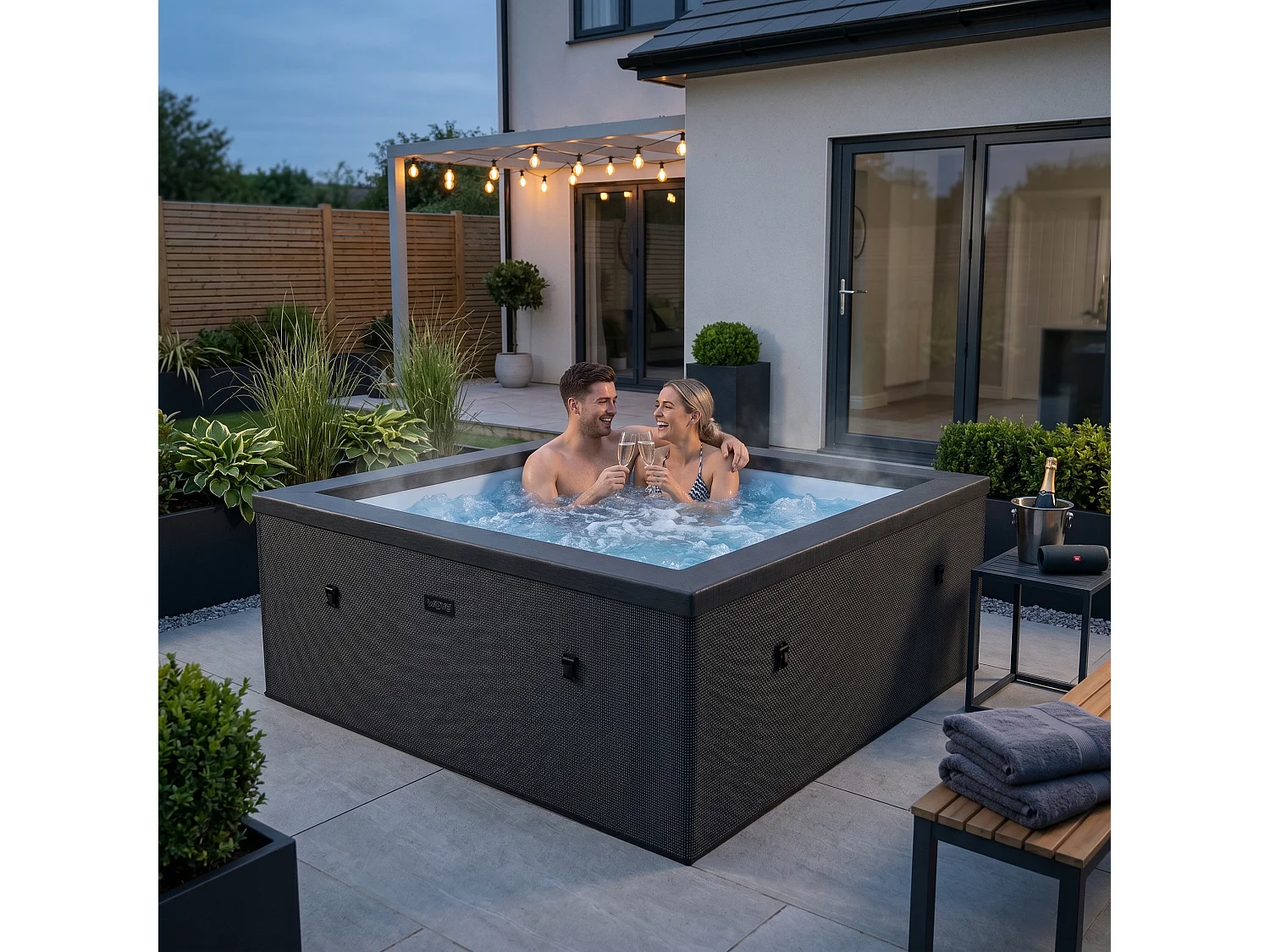 Wave Garda 4-Person Square Foam-Insulated Hot Tub & Spa | Black | EnergySave Bundle