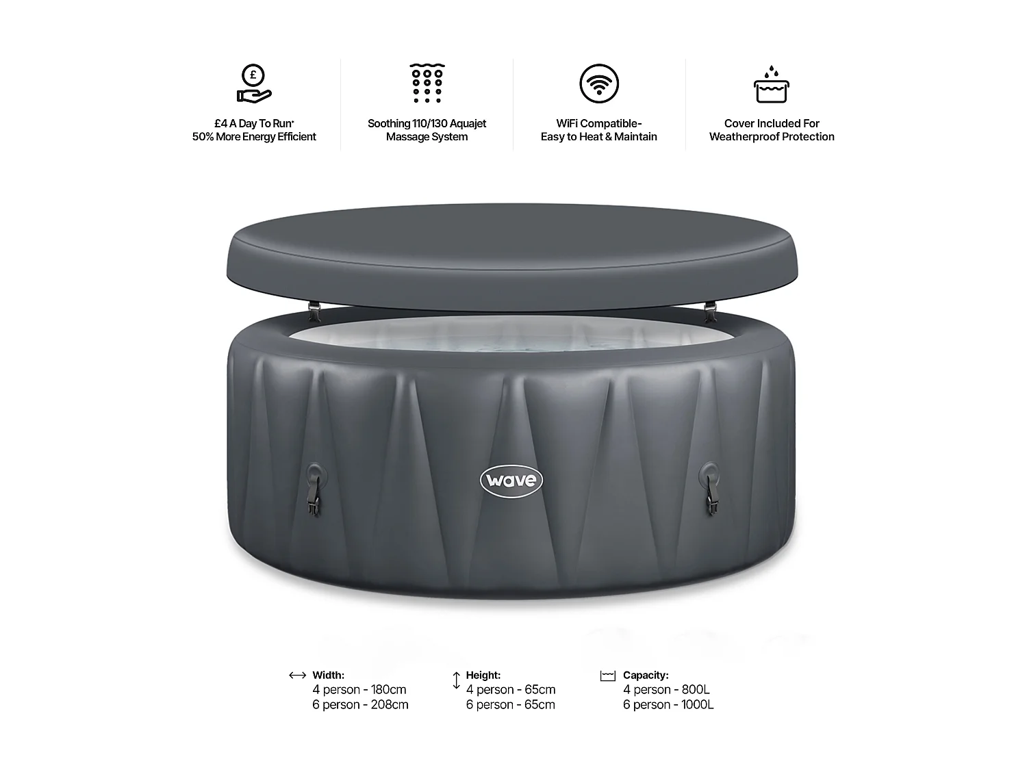 Wave Atlantic 4-Person Round Inflatable Hot Tub & Spa | Anthracite Grey | EnergySave Bundle