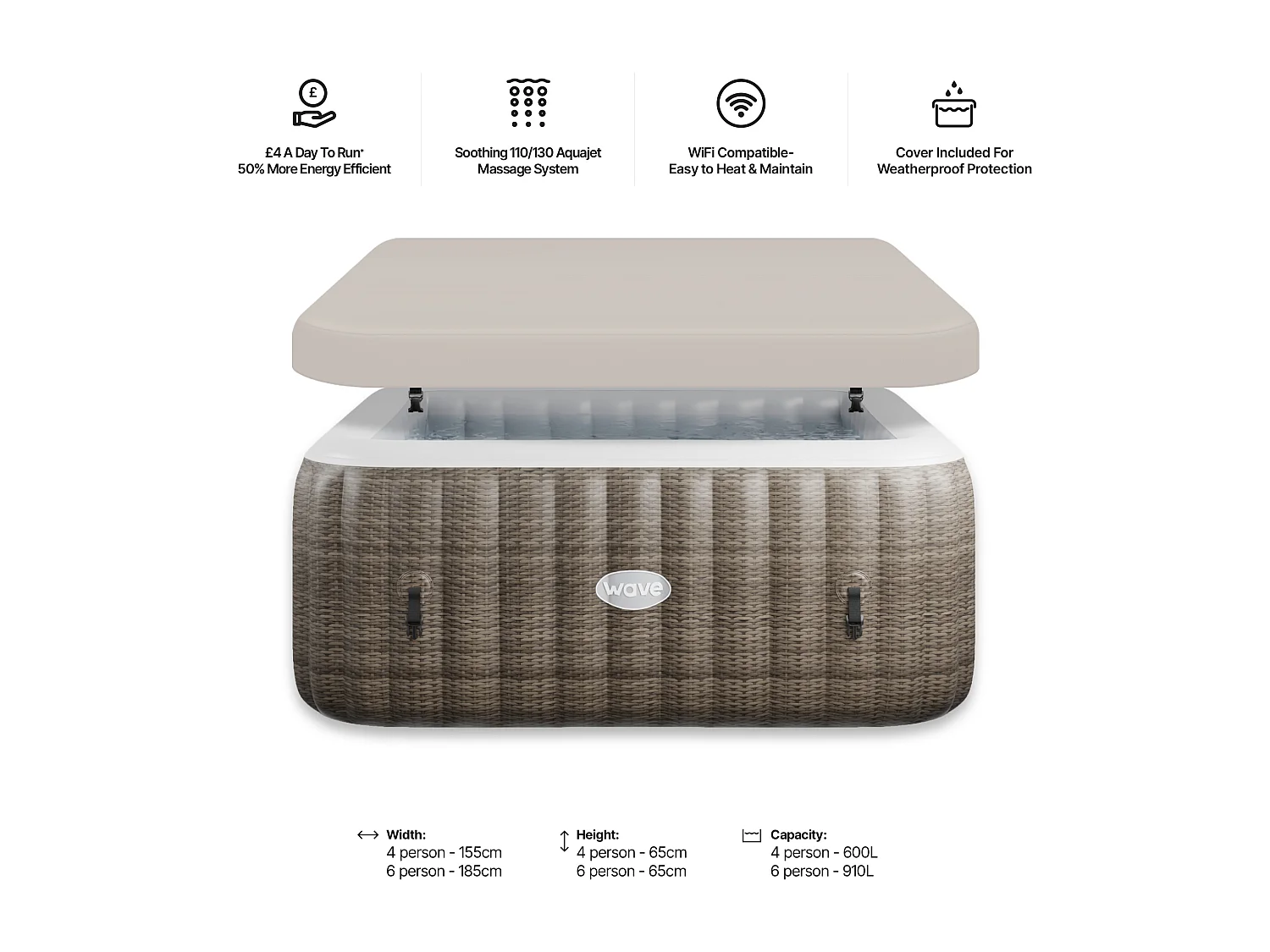 Wave Pacific | 4-6 Person Square Inflatable Hot Tub | EnergySave Bundle