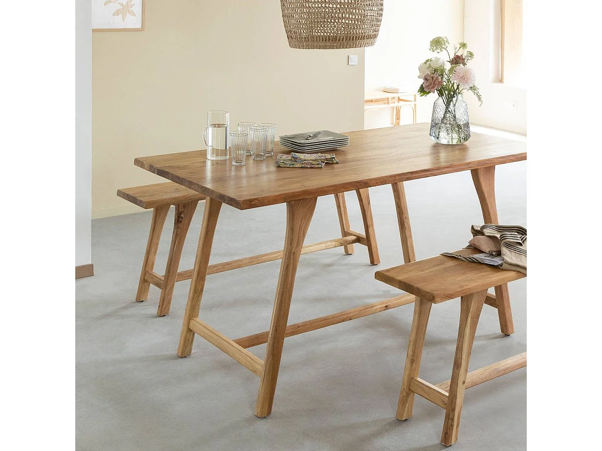 Table à manger haute + 2 bancs en bois d'acacia Orane