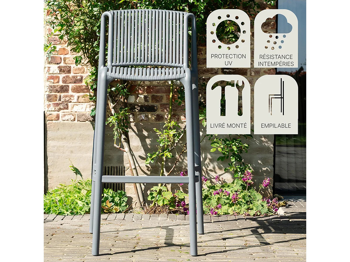 Lot de 2 Chaises hautes de jardin en résine Gris ANDREA