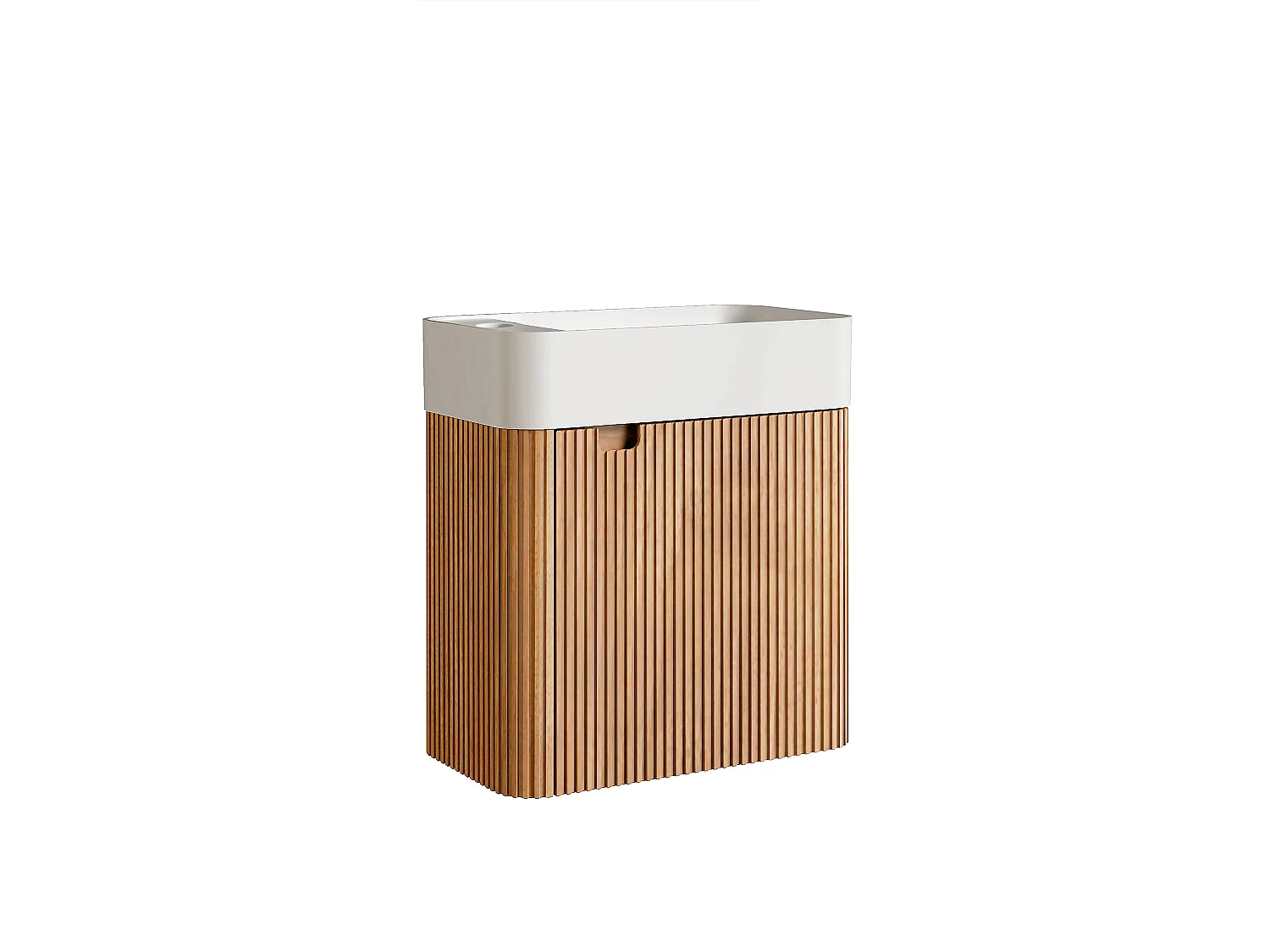 Meuble lave main suspendu strié en bois de frêne avec vasque en résine blanc mat - Naturel clair - 45 x 25 x 48 cm - JONSA