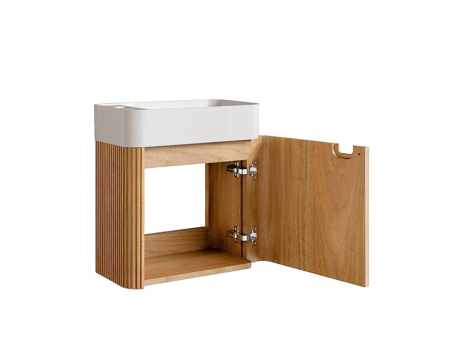 Meuble lave main suspendu strié en bois de frêne avec vasque en résine blanc mat - Naturel clair - 45 x 25 x 48 cm - JONSA
