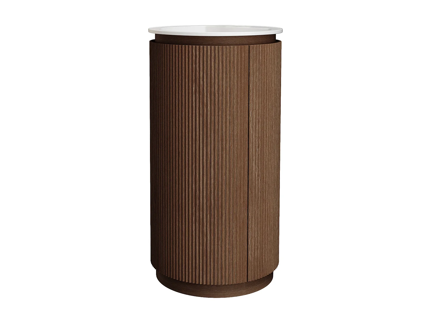 Meuble lave main strié rond à poser en bois de frêne avec vasque en résine blanc mat - Naturel foncé - 45 x 45 x 85 cm - NEFIS