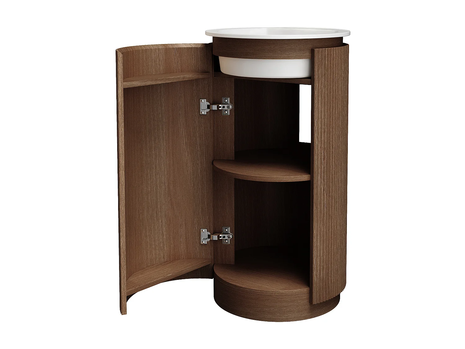 Meuble lave main strié rond à poser en bois de frêne avec vasque en résine blanc mat - Naturel foncé - 45 x 45 x 85 cm - NEFIS