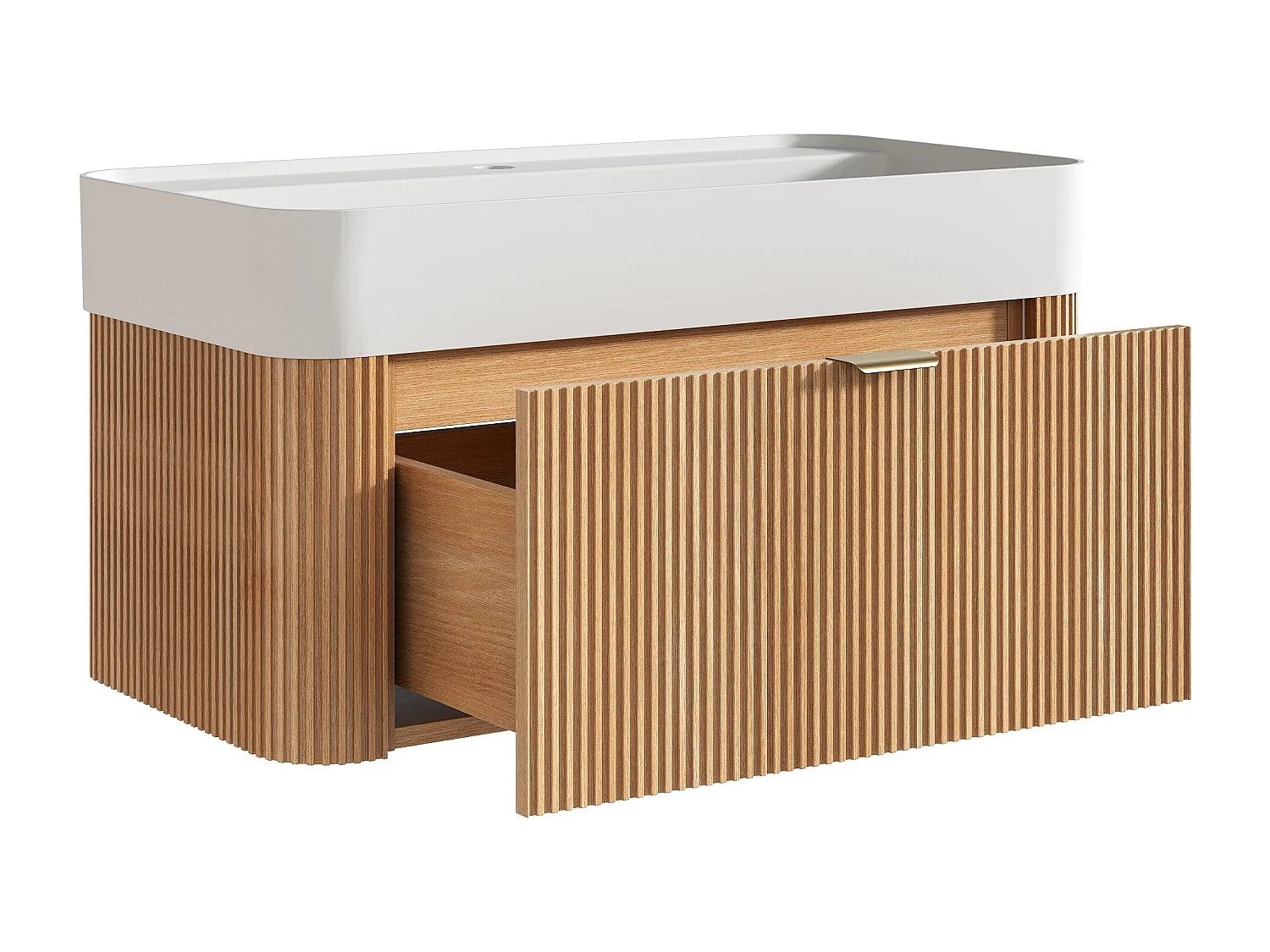 Meuble de salle de bain suspendu strié en bois de frêne avec vasque à encastrer en résine blanc mat - Naturel clair - 80 cm - BULMAS